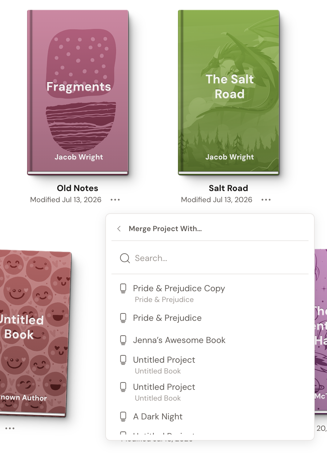 A project tile's menu drilled into the merge picker: a "Merge Project With…" heading with a back arrow, above a scrollable list of every other project you could merge this one into, each showing the project name and its book.
