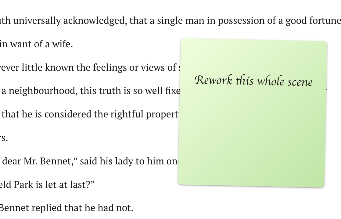 A green sticky note reading "Rework this whole scene" pinned over a manuscript scene, floating above the text as a reminder.