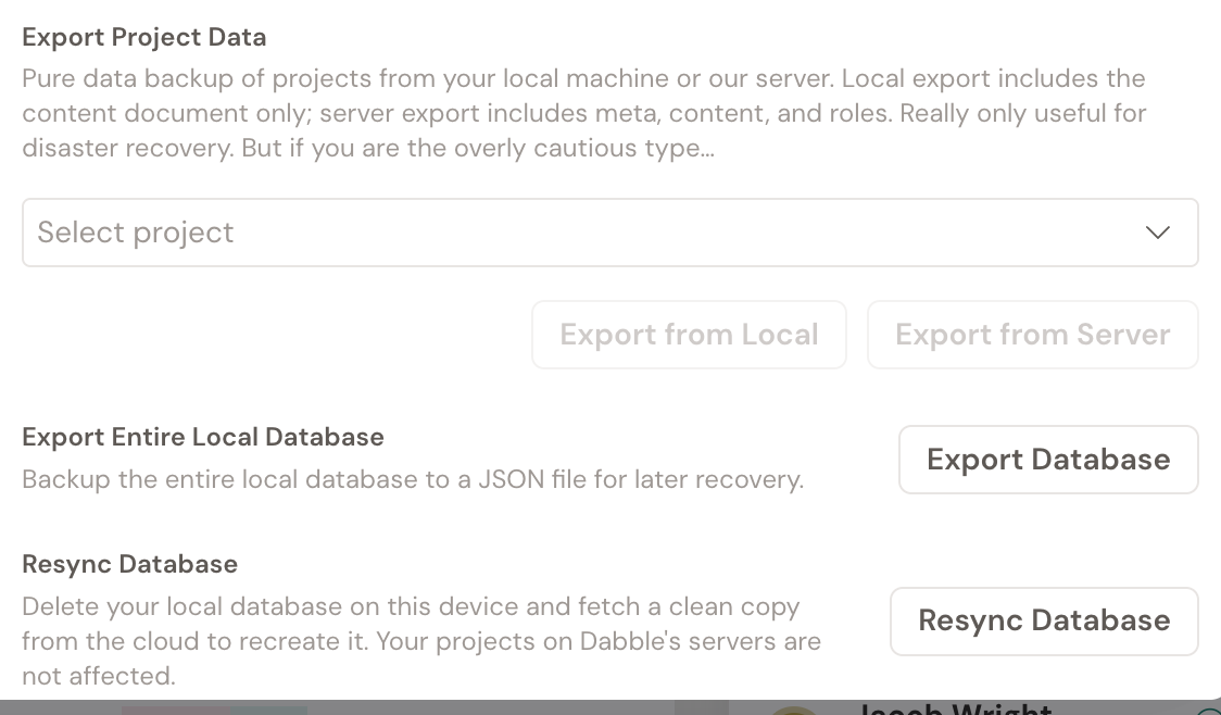 Preferences, Advanced tab, Data section: Export Project Data with Export from Local and Export from Server, Export Entire Local Database with Export Database, and Resync Database.