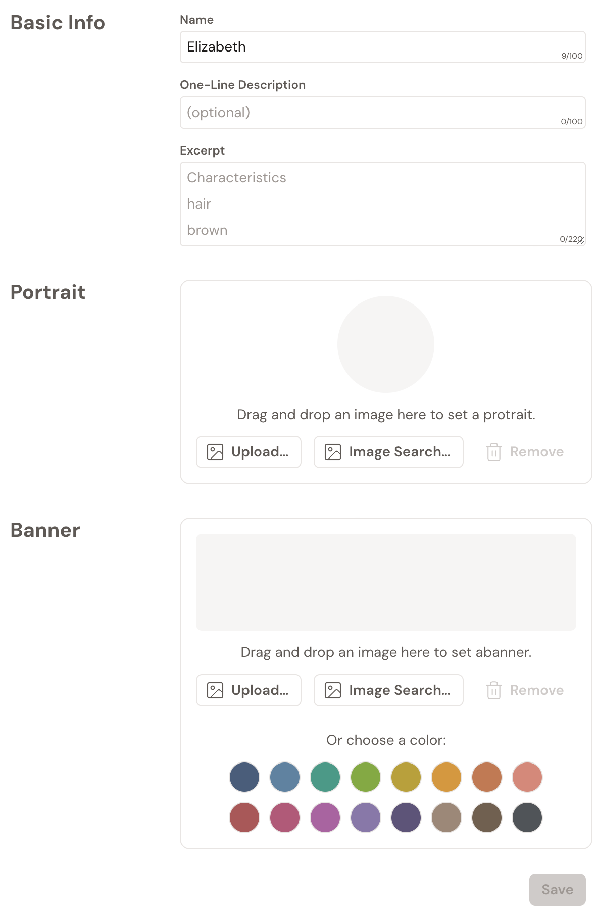 The Character Settings window with three sections: Basic Info (Name, One-Line Description, Excerpt), Portrait (a circular preview with Upload, Image Search, and Remove), and Banner (a wide preview with Upload, Image Search, Remove, and a row of colour swatches under "Or choose a color"), with Save at the bottom.