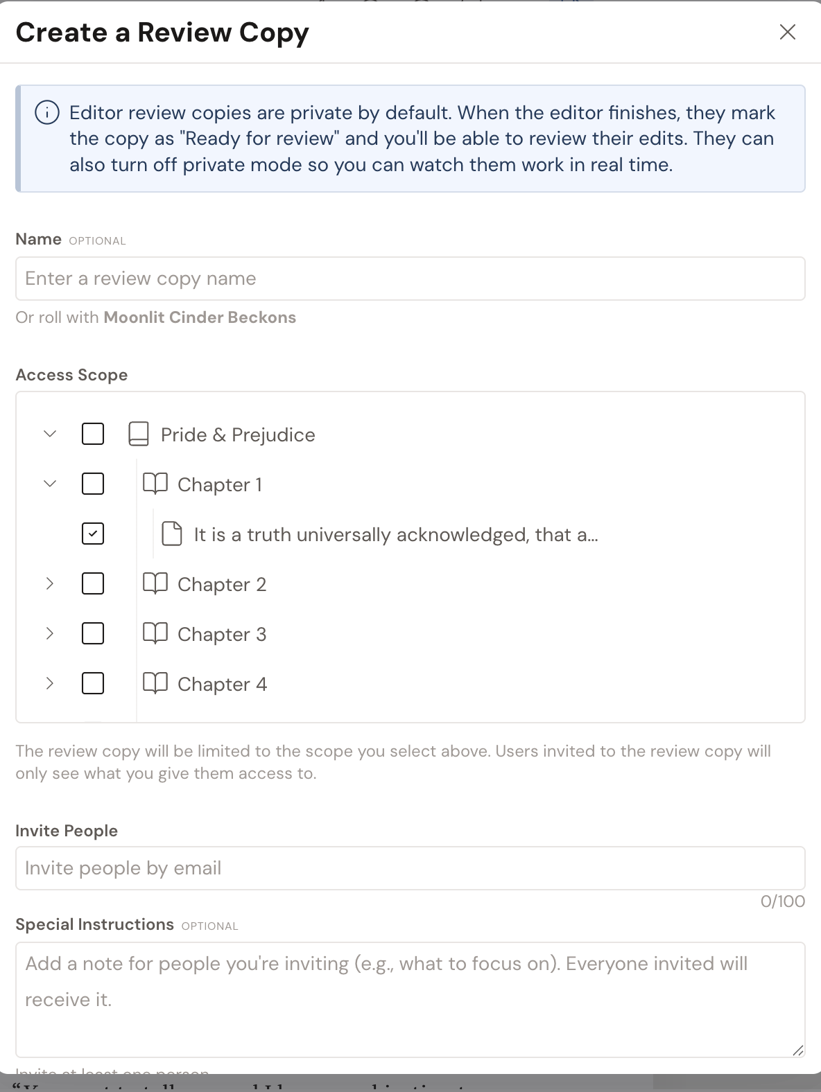 The Create a Review Copy dialog: a note that editor copies are private by default until the editor marks them Ready for Review, an optional Name field, an Access Scope document tree to limit what the reviewer sees, and an Invite People email field.