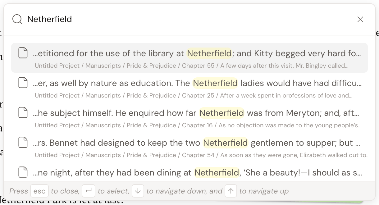 Quick Open with "Netherfield" typed: a list of matching results, each showing the matched text with the search term highlighted, a breadcrumb path to the document, and footer hints for the arrow and enter keys.