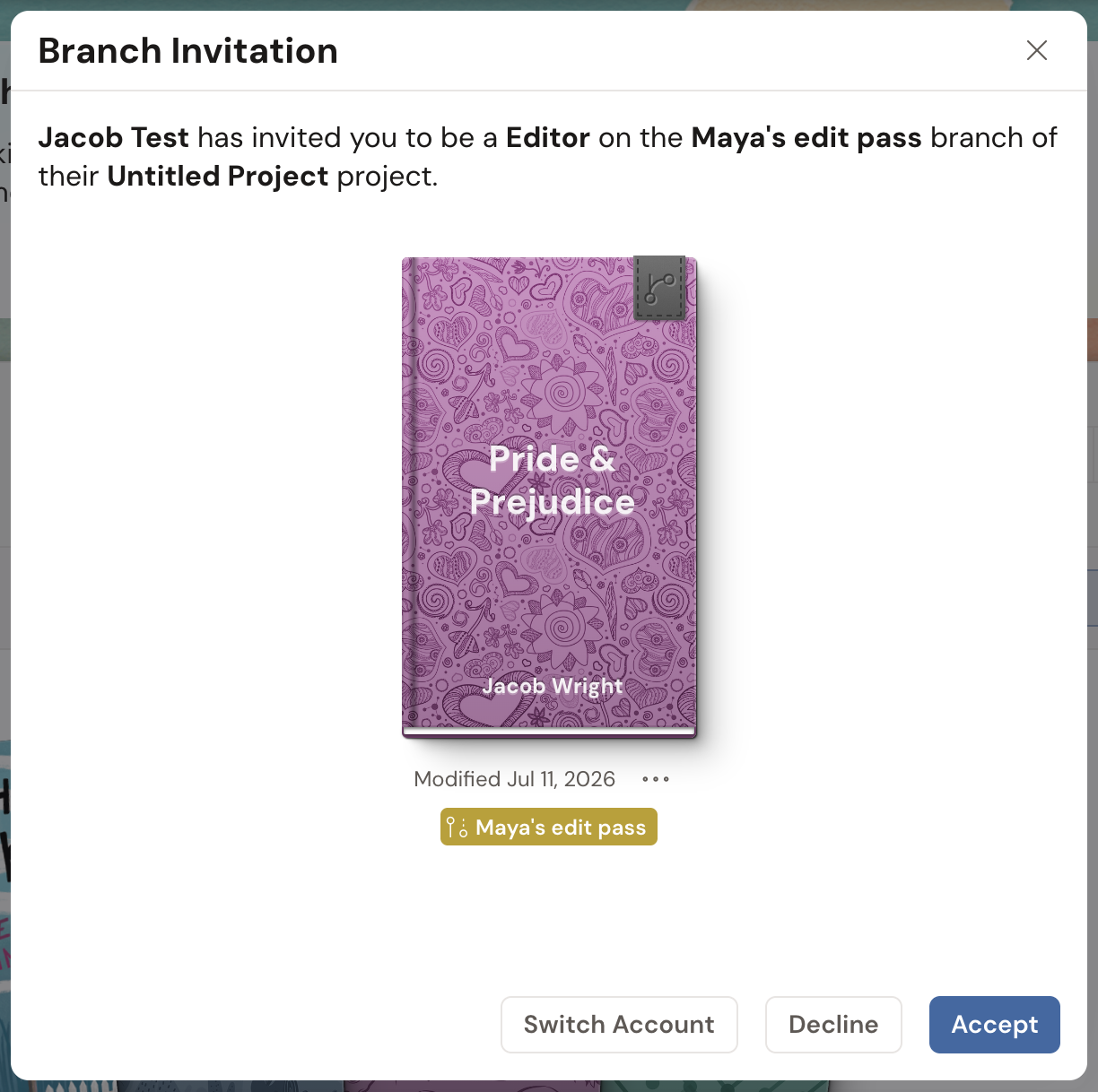 The review copy invitation window: it names the person who invited you, shows the project cover and the review copy you'll edit, your Editor role, and Decline, Accept, and Switch Account buttons.
