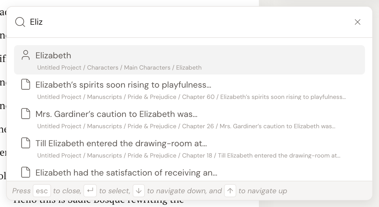 The mention palette open mid-scene with "Eliz" typed: the Elizabeth character at the top with the breadcrumb Characters / Main Characters / Elizabeth, then matching scenes each with their own breadcrumb, and a footer showing the esc, enter, and arrow key hints.