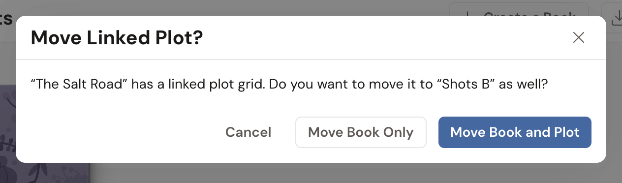 The Move Linked Plot? window: "The Salt Road has a linked plot grid. Do you want to move it to Shots B as well?" with Cancel, Move Book Only, and Move Book and Plot buttons.