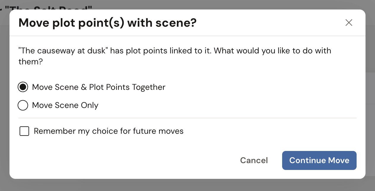 The Move plot point(s) with scene? window, asking what to do with the plot points linked to the scene "The causeway at dusk". It offers two radio options, Move Scene & Plot Points Together (selected) and Move Scene Only, a Remember my choice for future moves checkbox, and Cancel and Continue Move buttons.