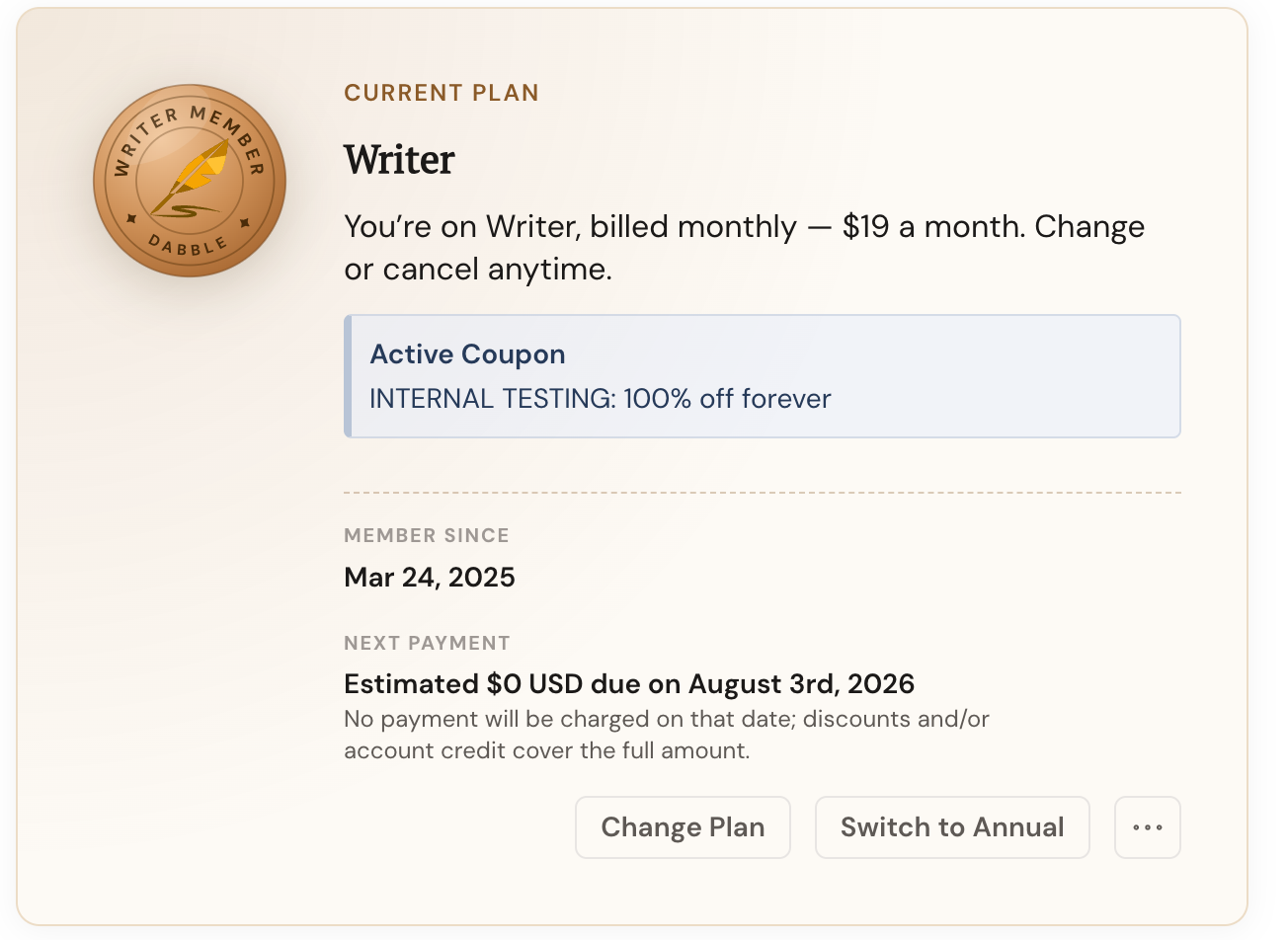 The billing portal Current Plan panel: a Writer Member badge, the plan name and monthly price, an active coupon, member-since and next-payment estimate, and Change Plan / Switch to Annual buttons.