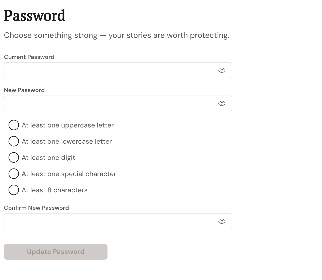 The Password change screen: Current Password, New Password (with strength requirements), and Confirm New Password fields, plus an Update Password button.