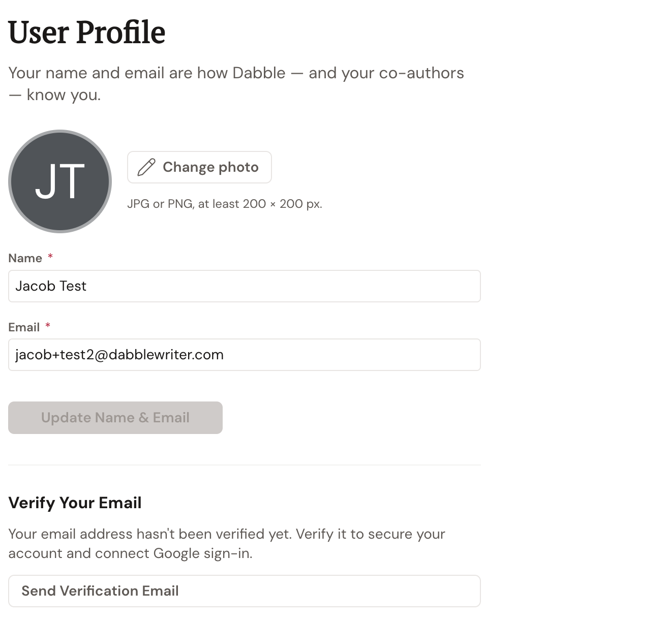 The User Profile page: a Change photo control, the Name and Email fields with the account's details, and the Update Name & Email button.