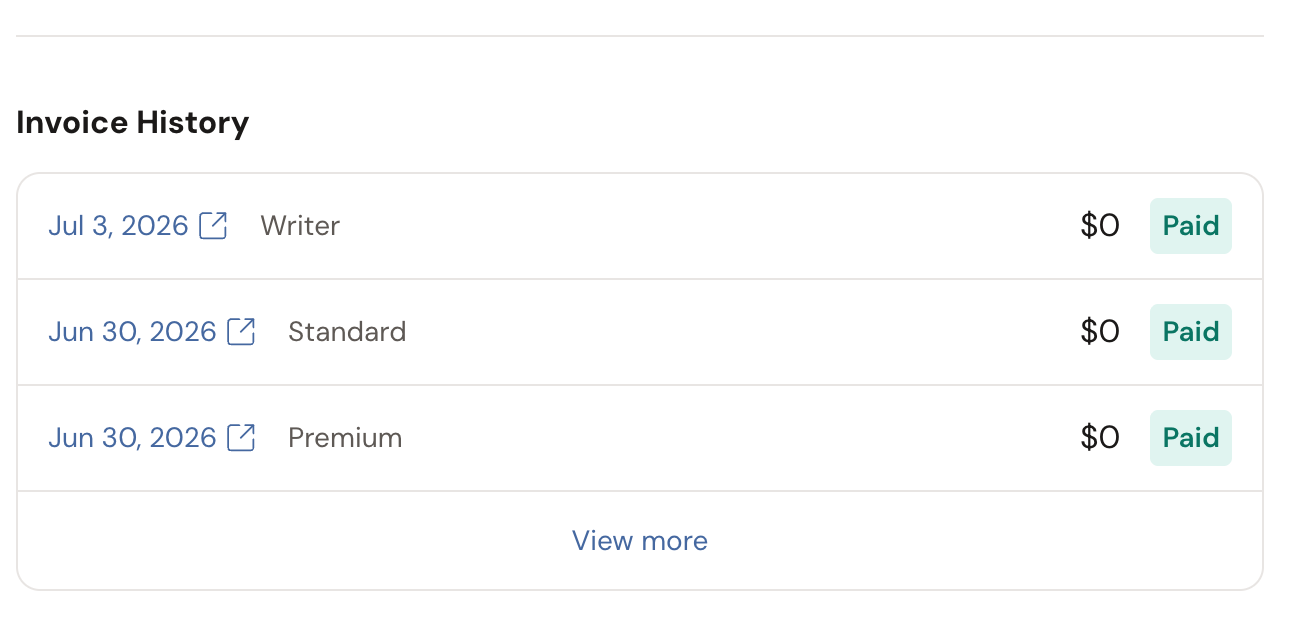 The billing portal Invoice History section: a list of past invoices, each with a date, plan name, amount, and a Paid badge, plus a View more link.