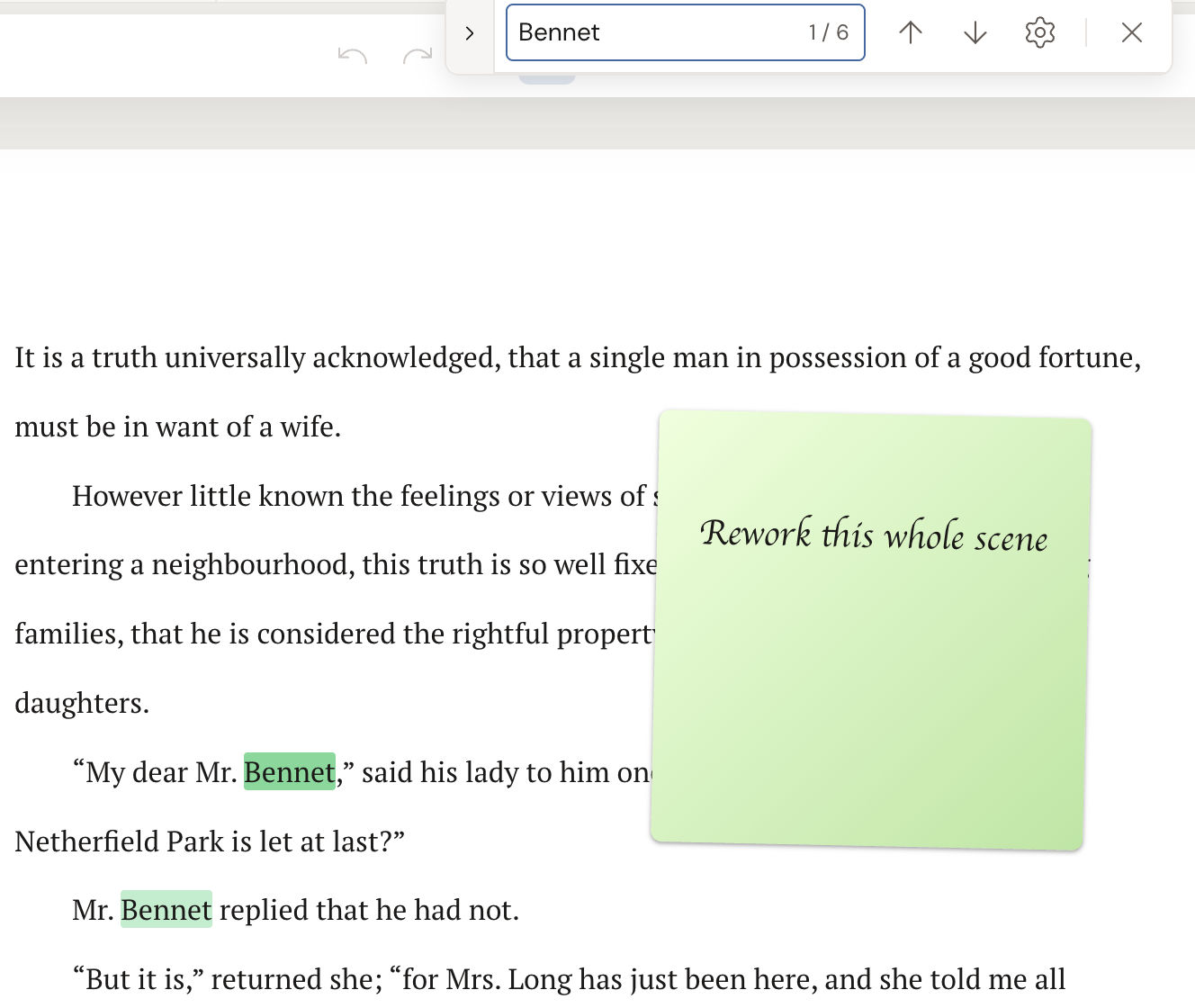The Find panel open at the top of the editor with "Bennet" typed and a 1 / 6 match count, with every match highlighted in green in the manuscript behind it.