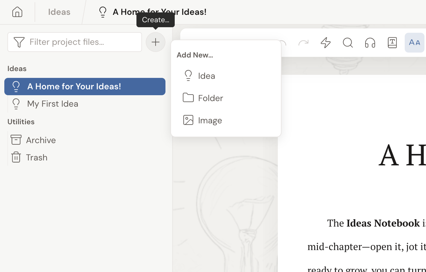 The Ideas project's Add New menu open from the plus button, offering Idea, Folder, and Image.