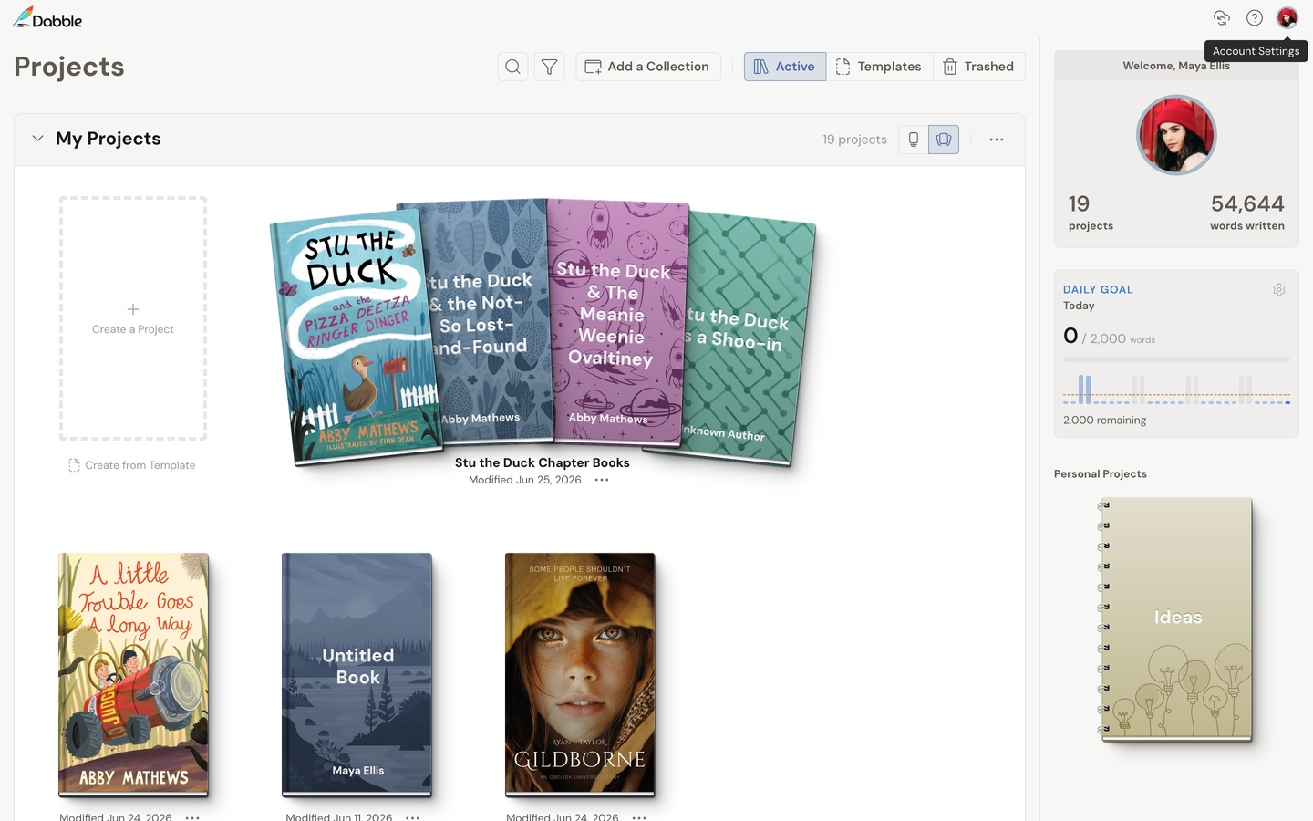 The Projects dashboard: a My Projects collection of book covers with a Create a Project tile, the Add a Collection button up top, and a sidebar welcome card showing project and word counts.