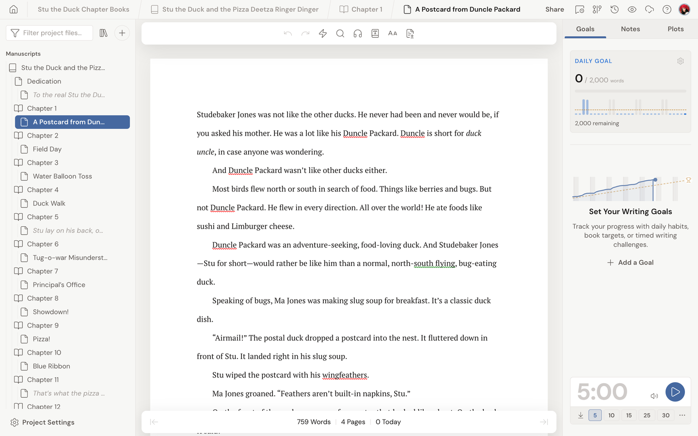 A novel open in Dabble: the left sidebar lists the book's chapters and scenes, and the center editor shows a scene of manuscript text.