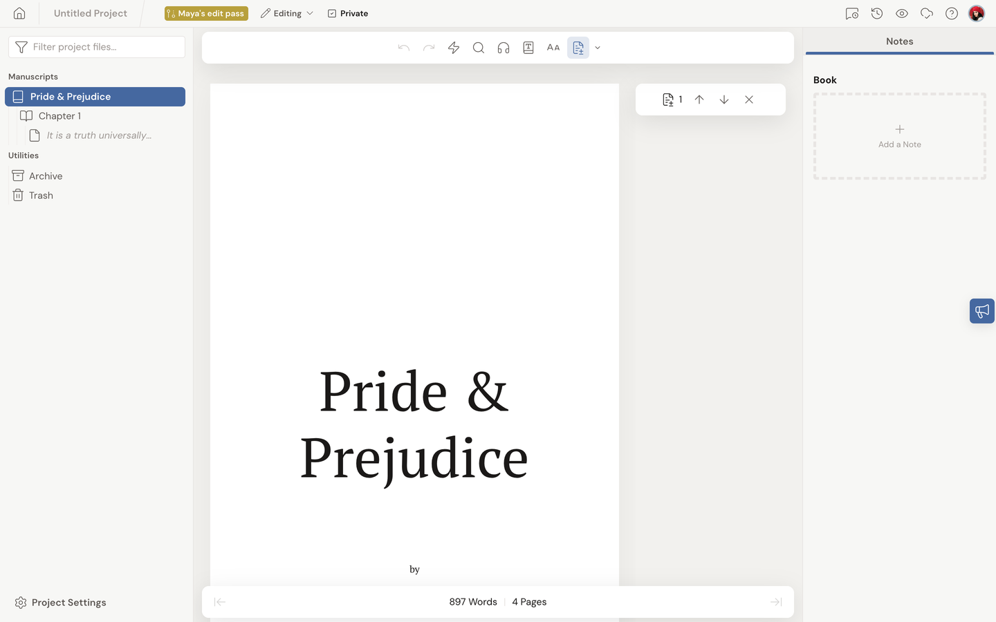An editor's view of a review copy: the top bar reads "Maya's edit pass" with Editing and Private next to it, and the manuscript sidebar shows only the shared chapter.