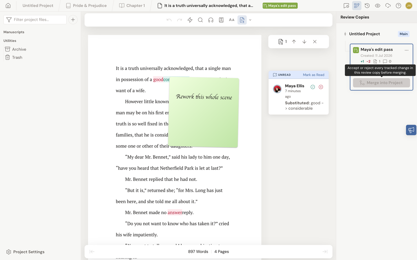 An editor review copy open for review: Maya's suggestion shown inline as a tracked change with accept and reject controls beside it, and the disabled Merge into Project button explaining that you must accept or reject every tracked change before merging.