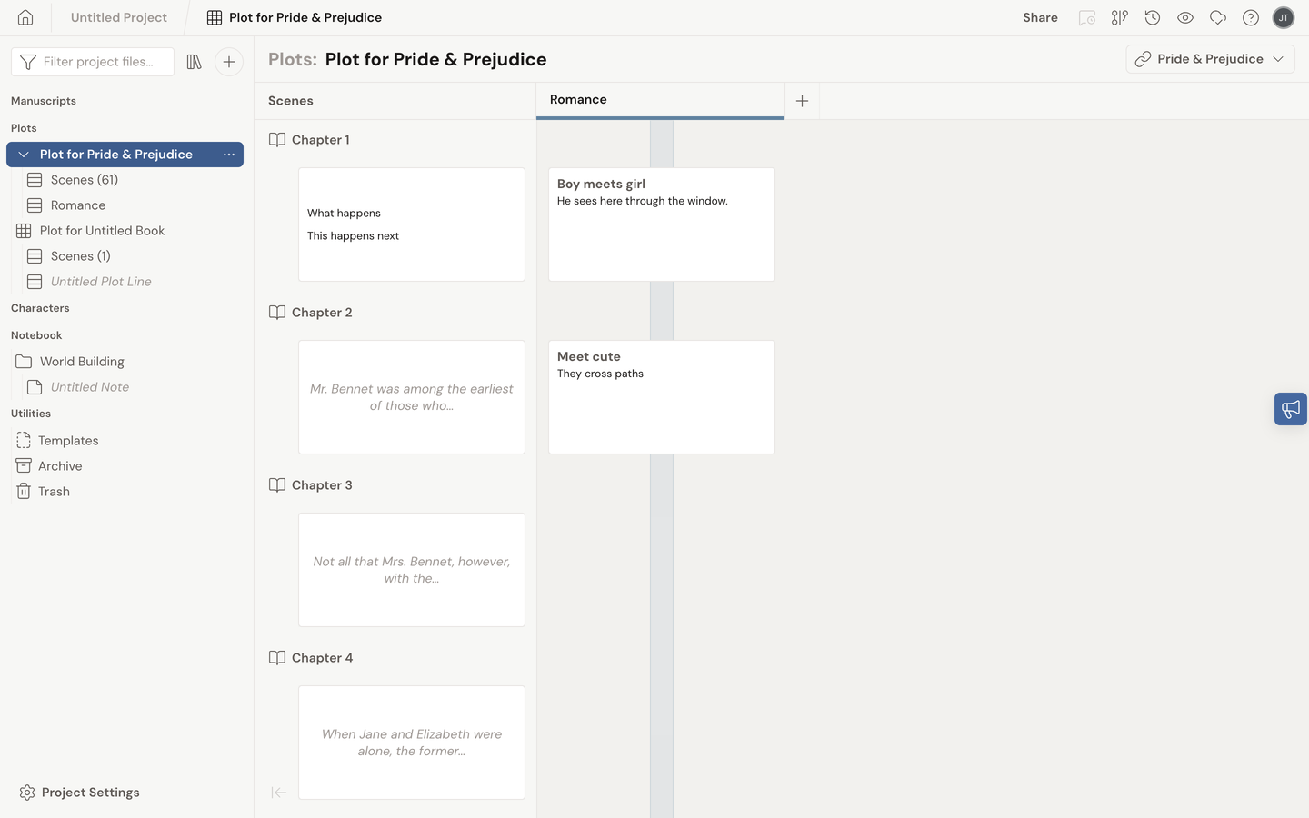 A Plot Grid linked to a book: the sticky leftmost Scenes column lists the book's scenes chapter by chapter, and a colored Romance plot line runs alongside with plot point cards like "Boy meets girl" and "Meet cute".