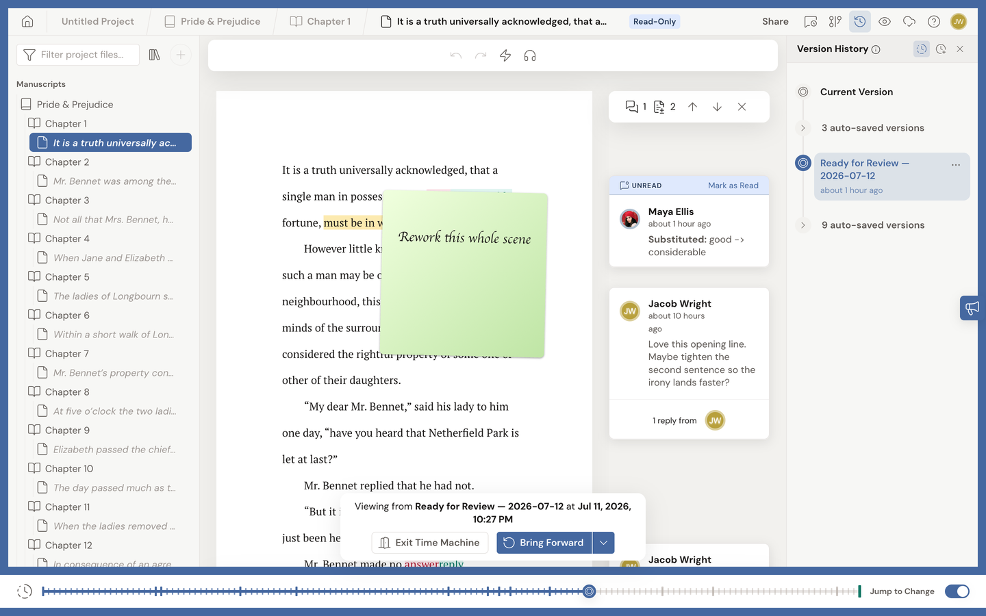 Dabble's Time Machine: the Version History timeline with a past version selected, and Restore this version and Bring Forward controls.