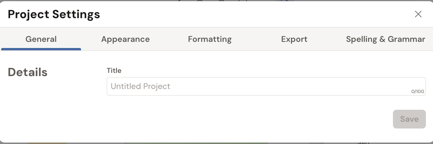 The Project Settings modal showing the Details section with the Project Name field and a Save button.