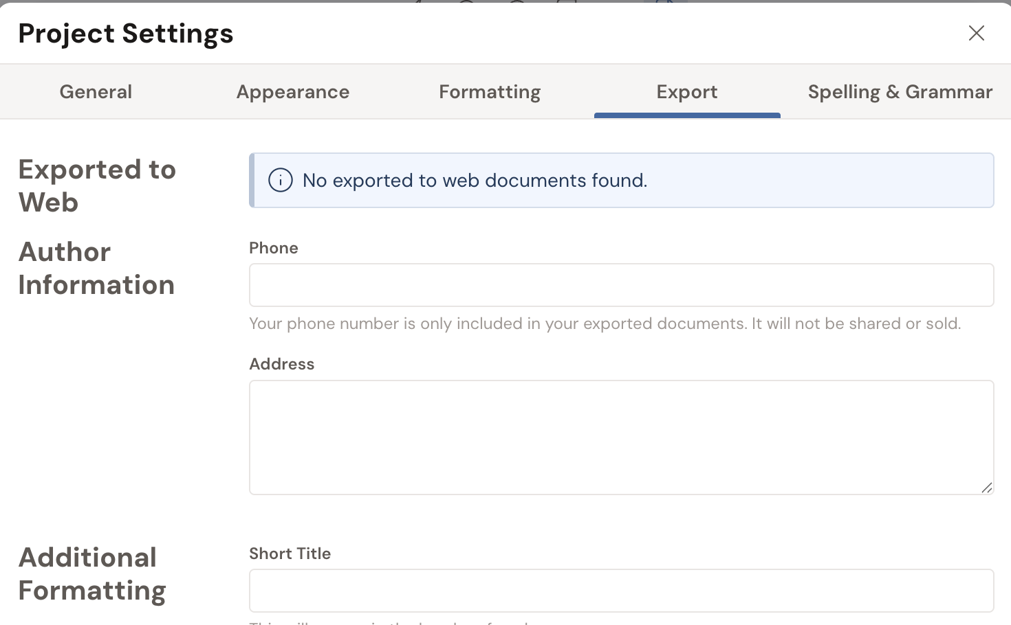 The Project Settings Export tab showing Author Information fields (Phone and Address) that are included only in your exported documents.