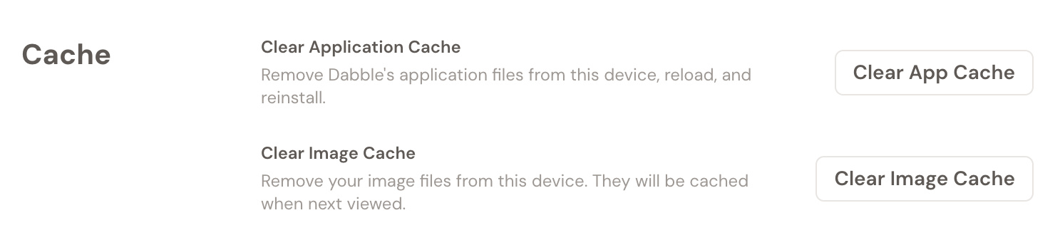 The Cache section of the Preferences window's Advanced tab: a Clear Application Cache row with its Clear App Cache button, and a Clear Image Cache row with its Clear Image Cache button.