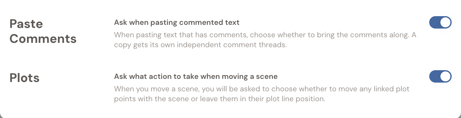 The Paste Comments section of the Preferences window's Advanced tab, with the "Ask when pasting commented text" toggle switched on and its note: "When pasting text that has comments, choose whether to bring the comments along. A copy gets its own independent comment threads."