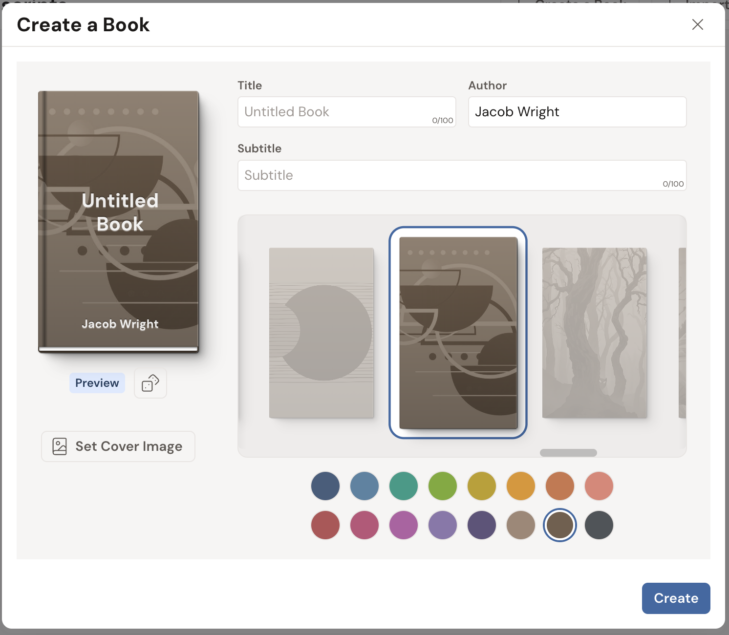 The Create a Book modal: a live cover preview beside Title, Author, and Subtitle fields, with Preview and randomize (dice) buttons, a Set Cover Image button, rows of cover pattern and colour swatches, and a Create button.