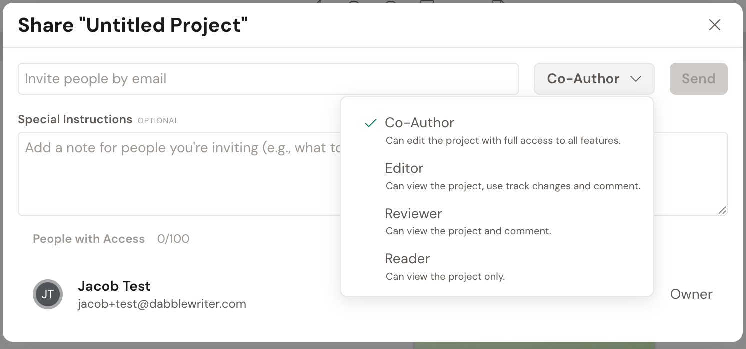 The Share modal with the access-level dropdown open, listing Co-Author, Editor, Reviewer, and Reader each with a one-line description, next to the email invite field and Send button; the owner appears in the people list below.