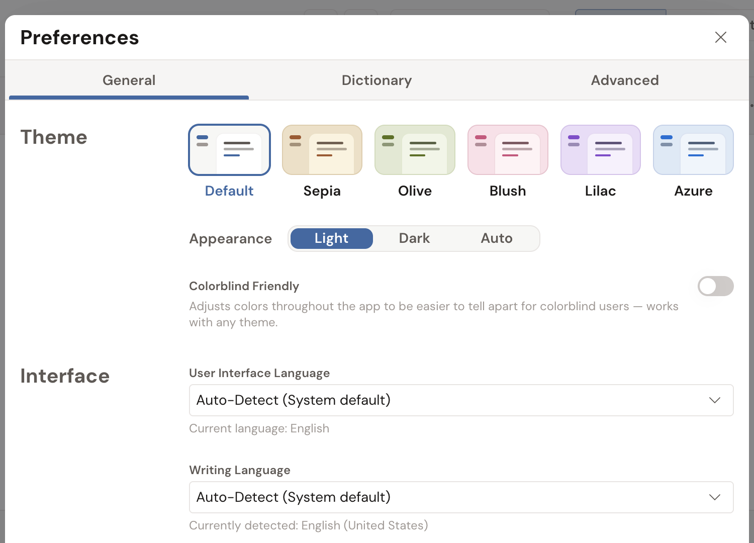 Preferences › General › Interface: the Writing Language field set to Auto-Detect, with the currently detected language noted below.