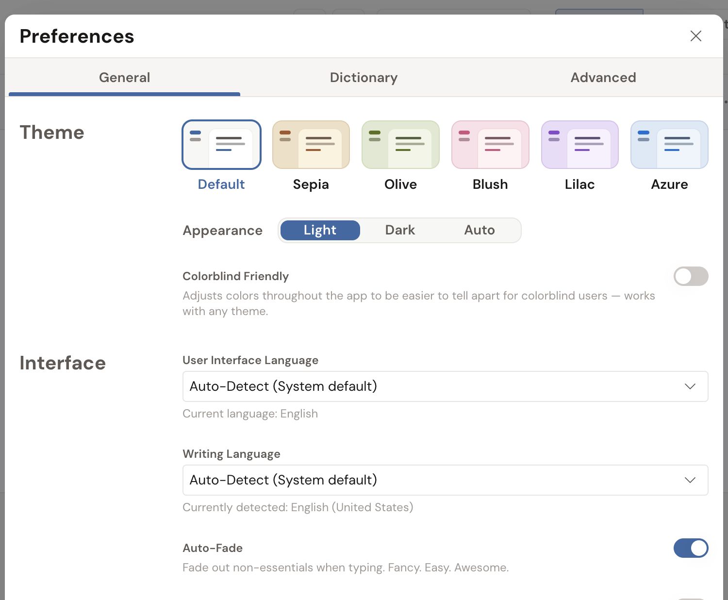 The Auto-Fade toggle in Preferences › General › Interface, which fades non-essential interface while you type.