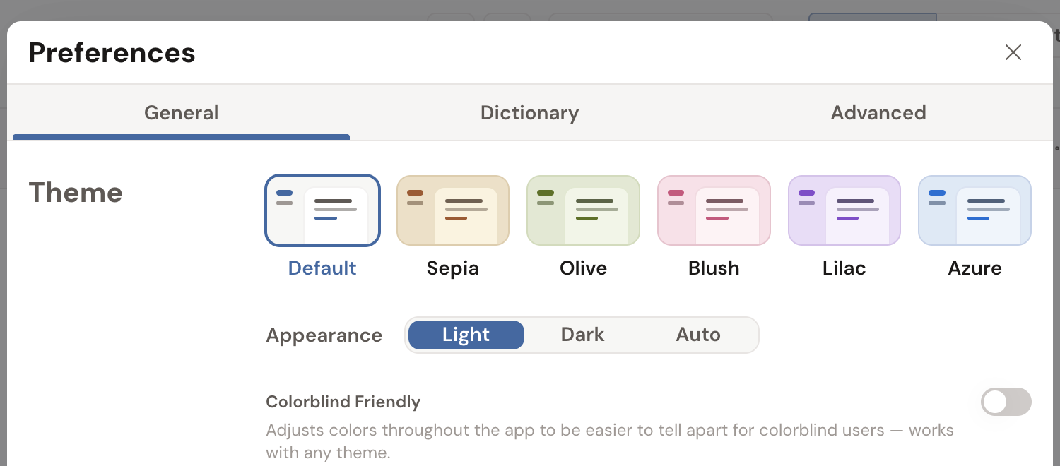Preferences › General: the Theme tiles (Default, Sepia, Olive, Blush, Lilac, Azure) and the Light / Dark / Auto appearance switch.