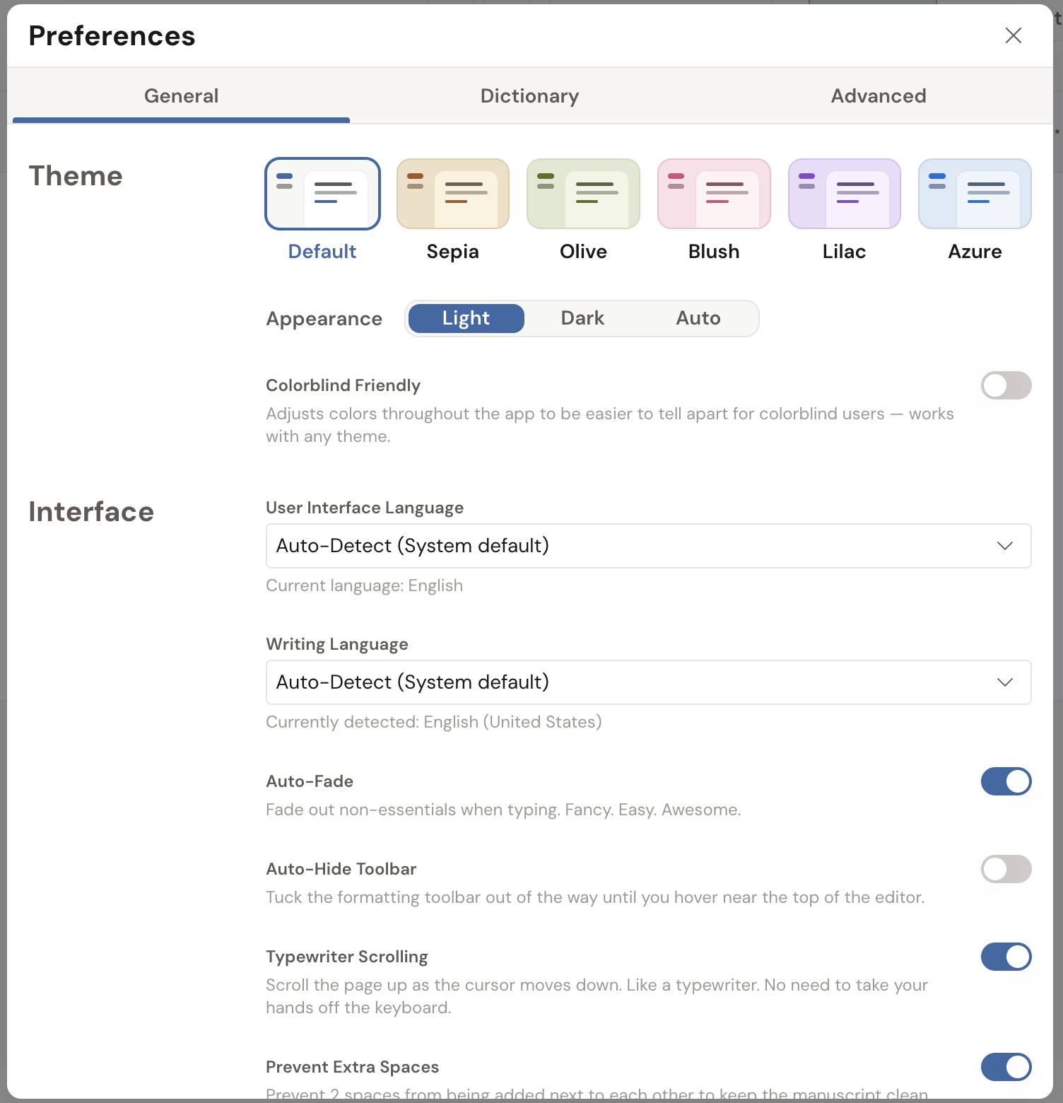 Preferences on the General tab: the six color tiles, the Light / Dark / Auto appearance switch, and the Interface toggles below them.