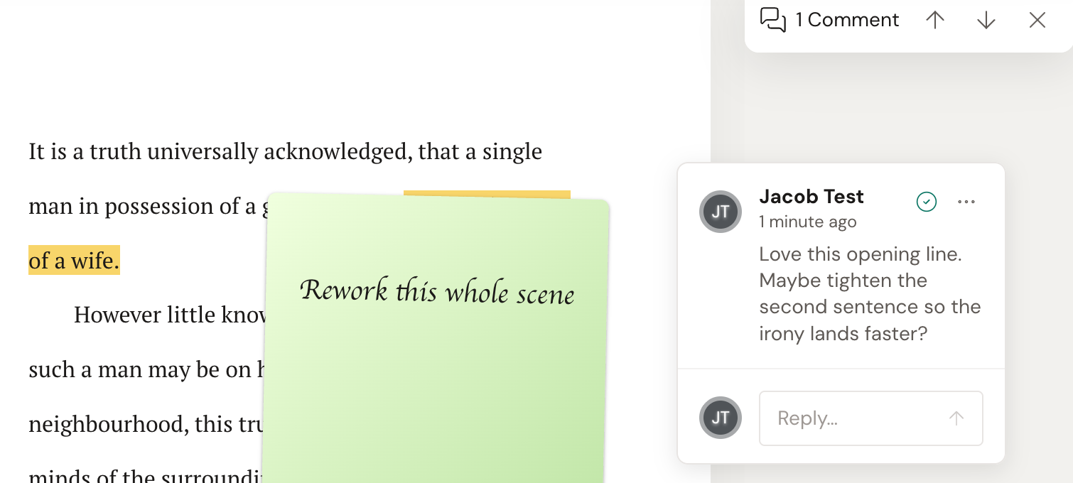 An open comment card anchored to highlighted text: the commenter's name and time, the comment, a resolve (checkmark) button and … menu at the top, and a Reply field at the bottom.