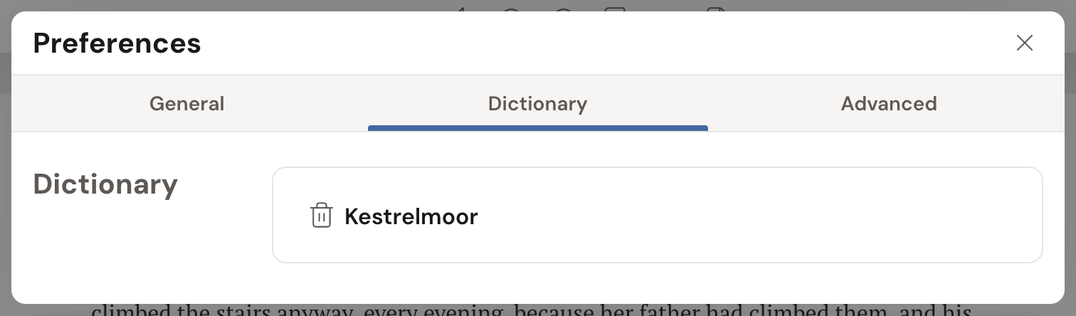 The Preferences window on its Dictionary tab, listing the added word Kestrelmoor with a trash icon beside it for removing it.