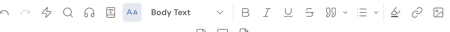 The full Formatting Toolbar: the block-type menu reading Body Text, then Bold, Italic, Underline, Strikethrough, blockquote, lists, highlight, and link.