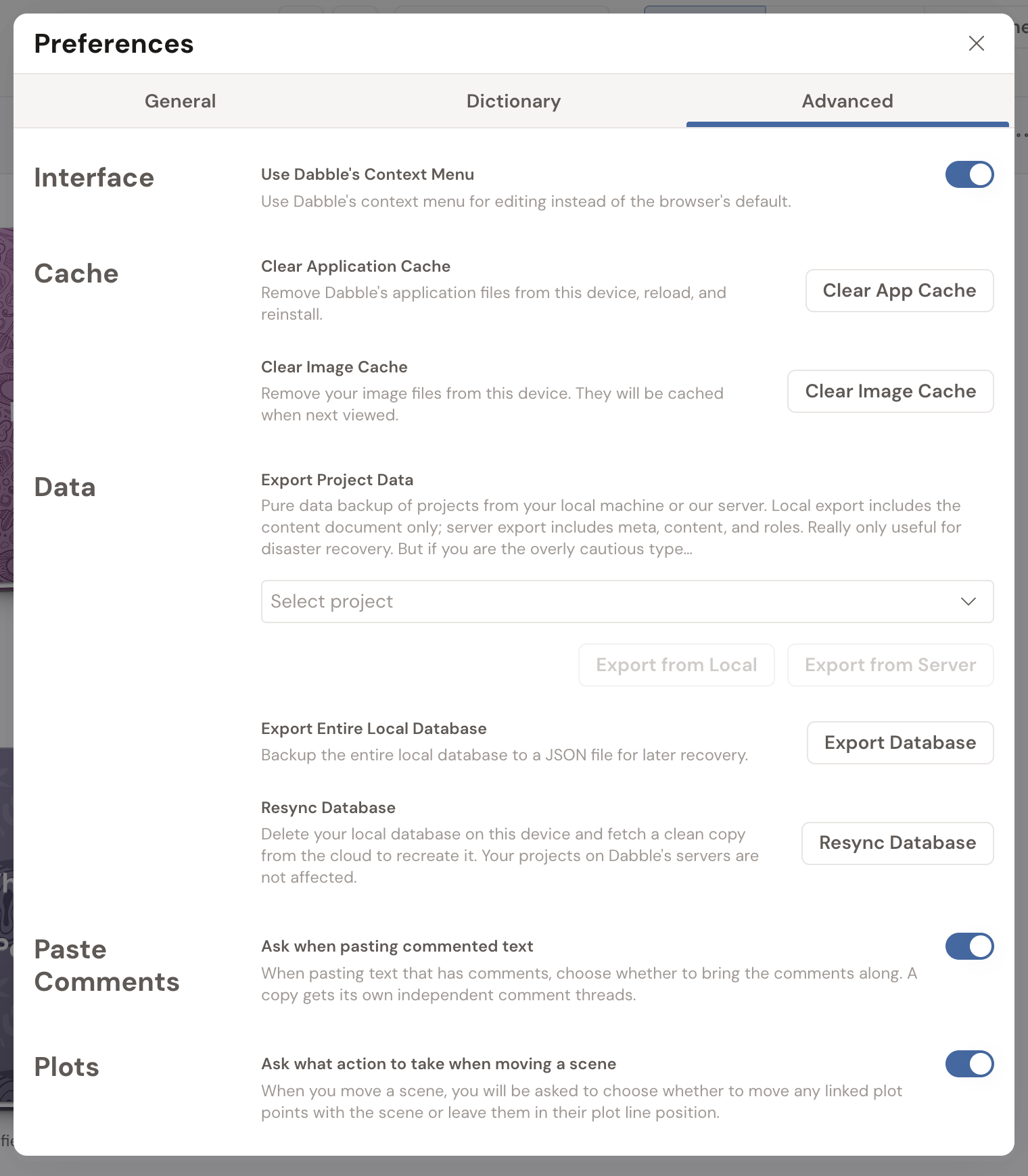 The Preferences window on the Advanced tab, showing every section: Interface (Use Dabble's Context Menu), Cache (Clear Application Cache and Clear Image Cache), Data (Export Project Data, Export Entire Local Database, Resync Database), Paste Comments, and Plots.