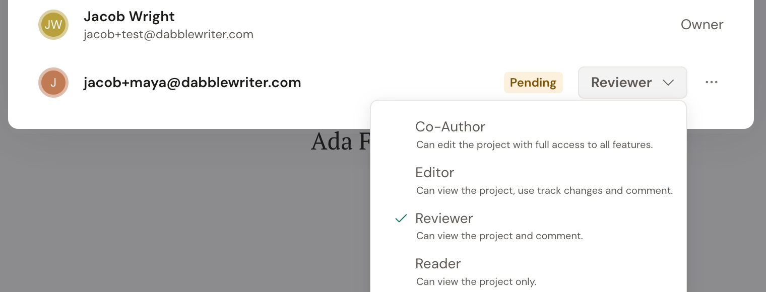 A member row in the Share modal with its role dropdown open, listing Co-Author (can edit the project with full access to all features), Editor (can view the project, use track changes and comment), Reviewer (can view the project and comment), and Reader (can view the project only).