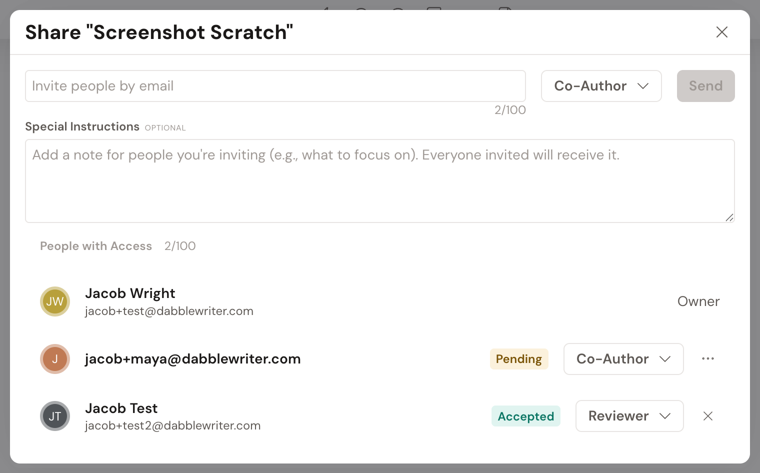 The Share modal for a project: an email invite field with a role dropdown and Send button, a Special Instructions box, and a People with Access list showing the owner, a Pending Co-Author invite, and an Accepted Reviewer.