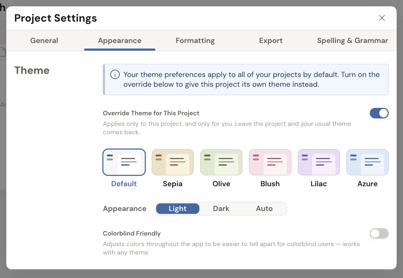 Project Settings on the Appearance tab: an info banner explaining that theme preferences apply to all projects by default, the Override Theme for This Project toggle switched on, and the revealed theme picker with the colour tiles (Default, Sepia, Olive, Blush, Lilac, Azure), a Light/Dark/Auto switch, and a Colorblind Friendly toggle.