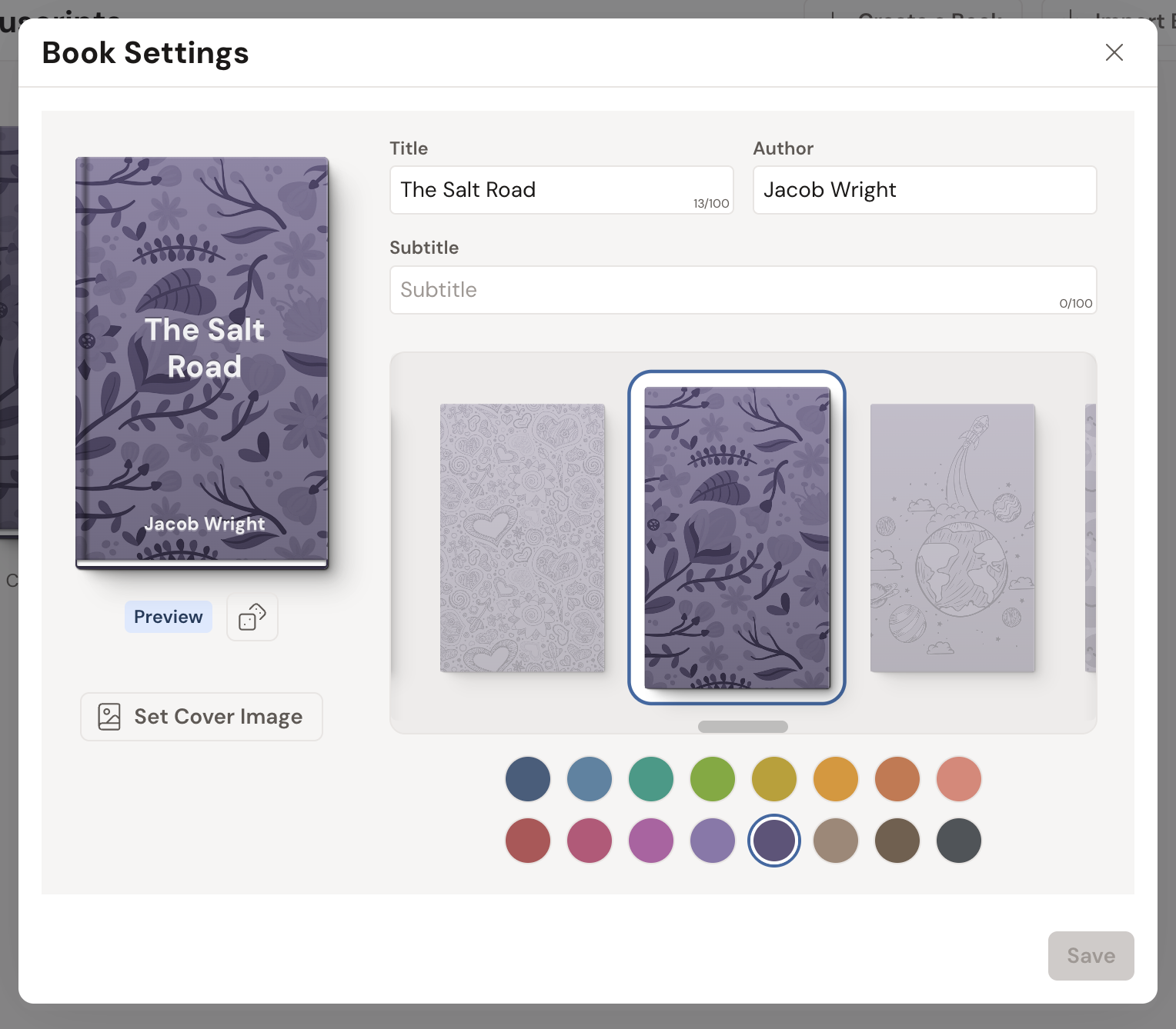The Book Settings window: a live preview of the book's cover on the left with a Set Cover Image button beneath it, and the Title, Author, and Subtitle fields on the right, with Save at the bottom.