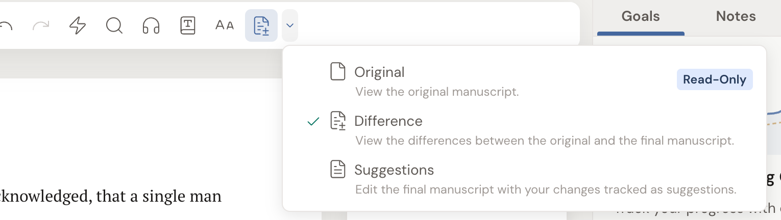 The Track Changes view-mode dropdown: Original (with a Read-Only badge), Difference (showing the original vs the final manuscript, currently selected), and Suggestions (edit with your changes tracked).