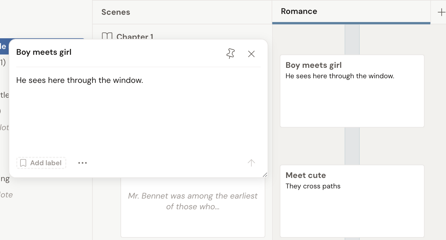 A plot point's edit popover: a title field ("Boy meets girl"), a description below it, and an Add label control, a … menu, and a pin at the top.