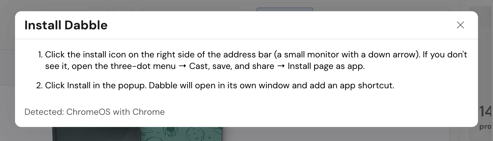 The Install Dabble window opened from the account menu on a Chromebook, listing the two Chrome install steps and the line "Detected: ChromeOS with Chrome" at the bottom.