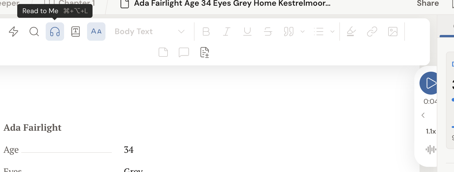 The editor toolbar with the Read to Me headphones button highlighted and its tooltip showing, alongside the floating Read to Me control with a play button, elapsed time, speed, and a voice picker.