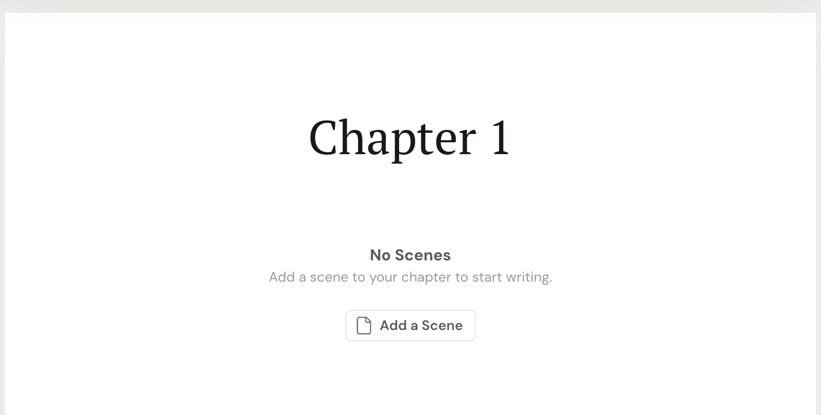 An empty chapter page titled Chapter 1, reading No Scenes and Add a scene to your chapter to start writing, above an Add a Scene button.