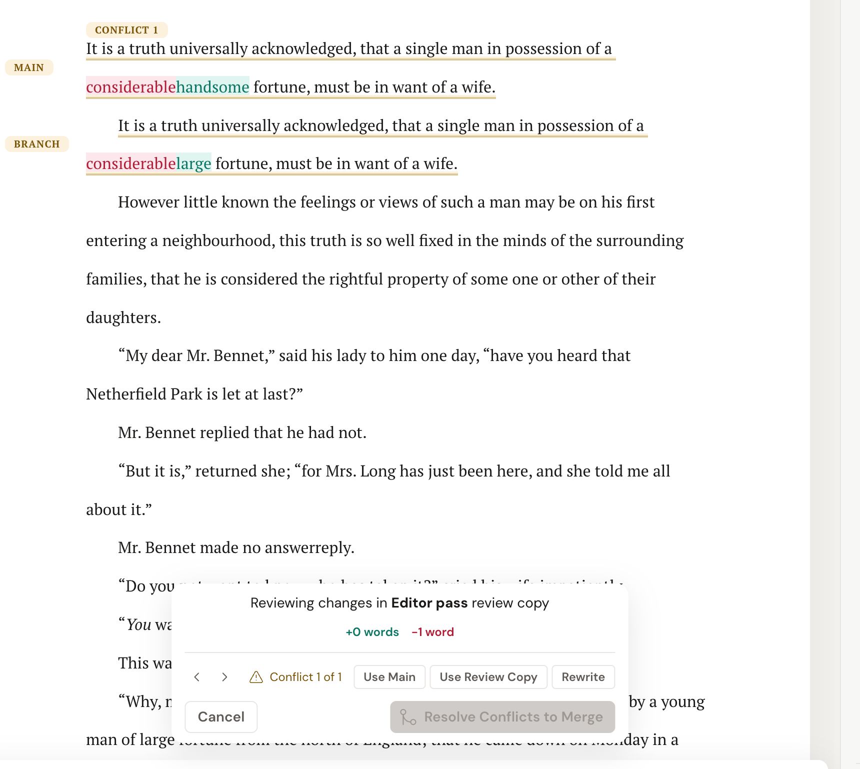 A merge conflict during review: the two contested versions of the same sentence are shown inline one after the other, each underlined in amber and badged MAIN and BRANCH in the left margin, under a CONFLICT 1 marker. A floating overlay at the bottom reads "Reviewing changes in Editor pass review copy", counts the words added and removed, shows "Conflict 1 of 1", and offers Use Main, Use Review Copy, and Rewrite, with Cancel and Resolve Conflicts to Merge below.