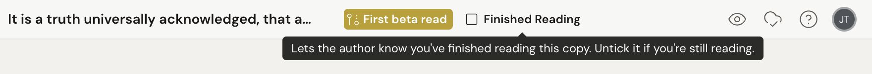 The Finished Reading checkbox in the review copy's breadcrumb bar, with its tooltip: "Lets the author know you've finished reading this copy. Untick it if you're still reading."
