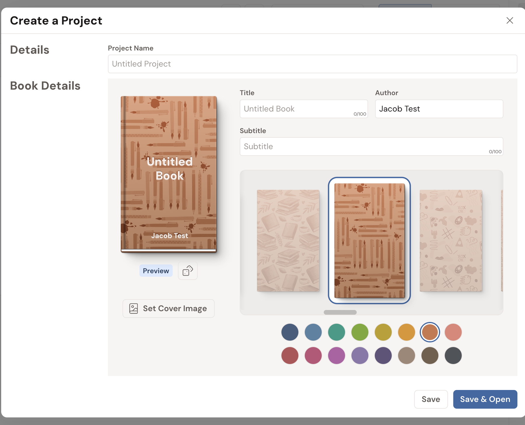 The Create a Project window: a Project Name field, the book-cover pane with Title, Author, and Book Details fields, a live cover preview with pattern and color pickers, and the Save and Save & Open buttons.
