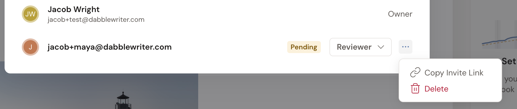 The bottom of the Edit Review Copy dialog: a pending invite to jacob+maya@dabblewriter.com marked Pending, with its action menu open showing Copy Invite Link and Delete.
