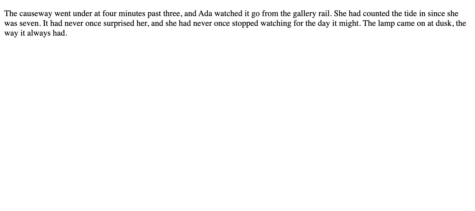 The Dabble print view open in a new tab: the scene's text laid out as plain black-on-white paragraphs at 12pt, with no app styling around it.